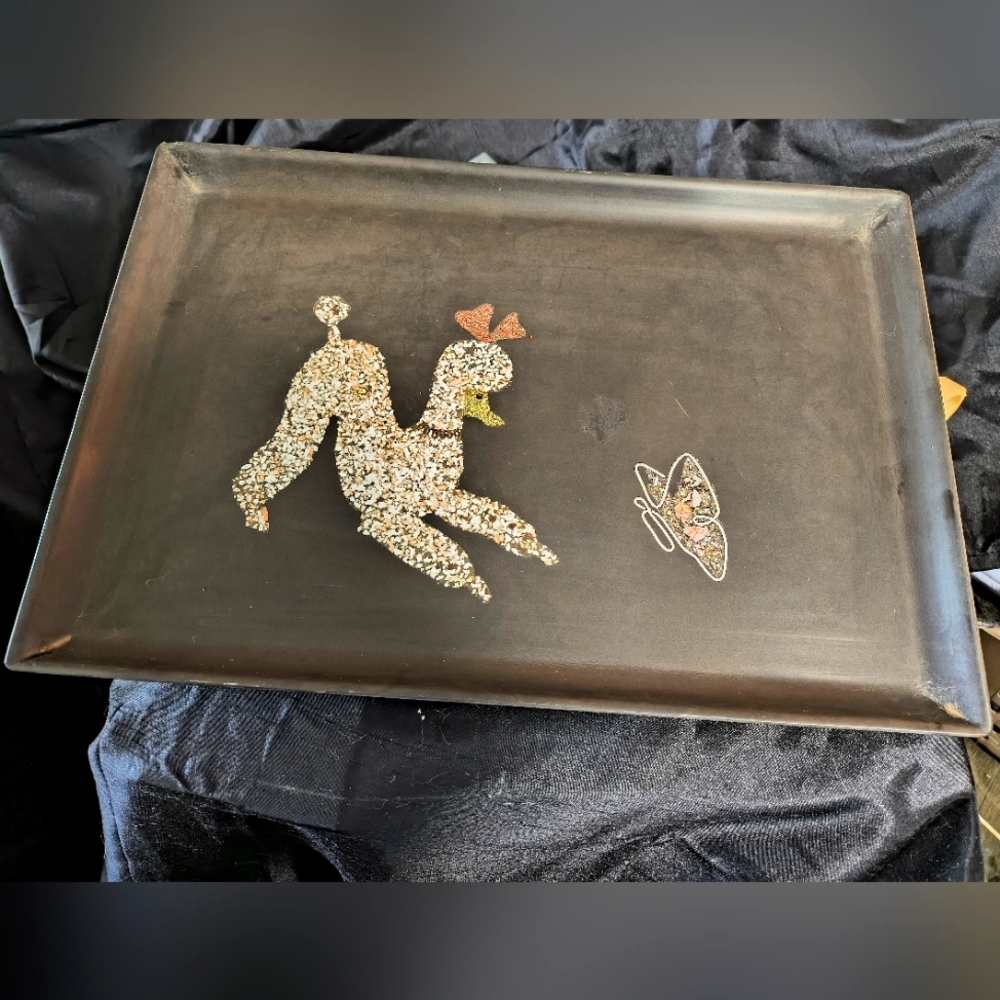 Vintage Black Tray with Poodle and Butterfly Design Worth $350.